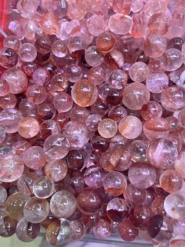 Red garden quartz beads from a production lot